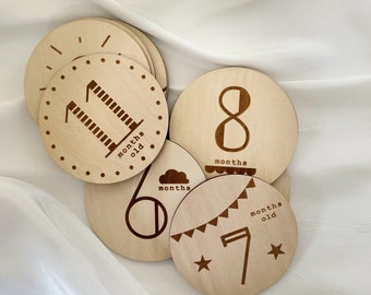 12 Wooden Milestone Discs with adorable different designs (12 discs with reverse side blank)
