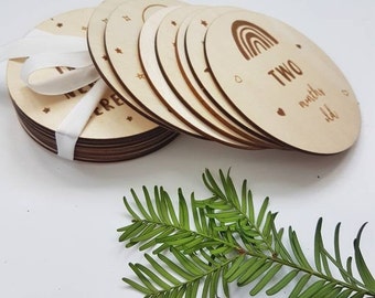 Wooden Baby Milestone Discs Set | Rainbow and Moon Designs both included reversible | Newborn Milestone Photo Props & Baby Keepsake Gift