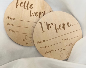 New Baby announcement - One Wooden announcement disc | Our own Beautiful unique design | Choose from two adorable designs
