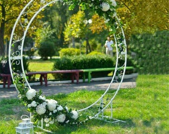 Arco de boda circular de metal blanco, pérgola con forma de puerta lunar ornamentada, soporte plegable para telón de fondo