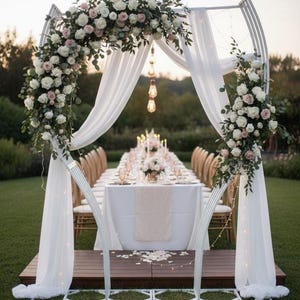 May include: An outdoor wedding reception setup featuring a white arch adorned with white and pink roses and greenery. White fabric drapes from the arch. A long table is set with a white tablecloth, flowers, and candles. The scene is set on a wooden platform.