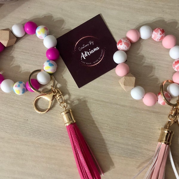 Porte Clés, bracelet, pompon, perles silicone, idée cadeau, femme