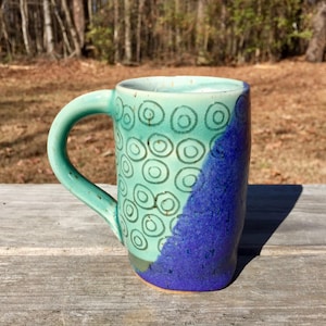 AWAKEN | Unique Handmade Coffee Mug/Tea Cup | Green and Purple Mug | Sgraffito Design | Ceramic | Pottery
