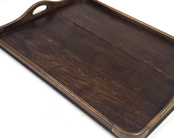 Vintage Wooden Serving Tray – 22&quot; Rustic Dark Wood with Copper Corner Accents – Farmhouse Decor