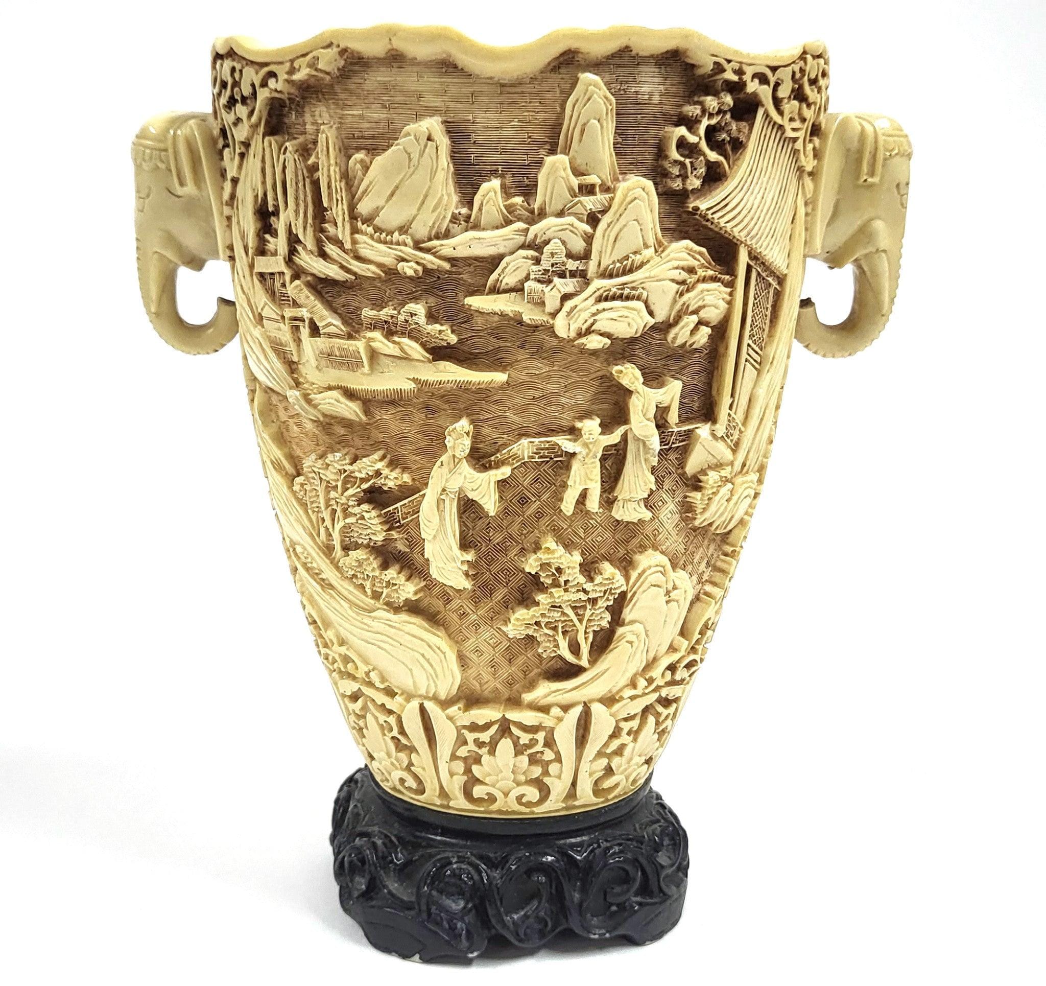 Vintage Chinese Carved Resin 11.5" Urn Vase Scenic Pagoda Elephant
