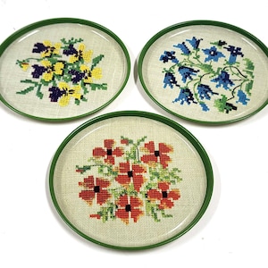 Vintage Metal Coasters Floral Embroidery 3pcs