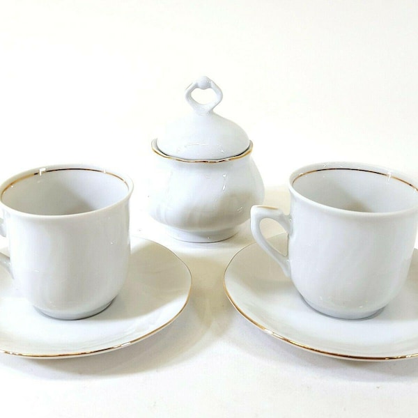 Vintage Porcelain 2x Demitasse Cup & Saucer Sugar Pot Gold Trim Korona