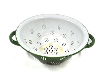 Colador/bol de esmalte verde holandés vintage para cocina rústica – 27 cm