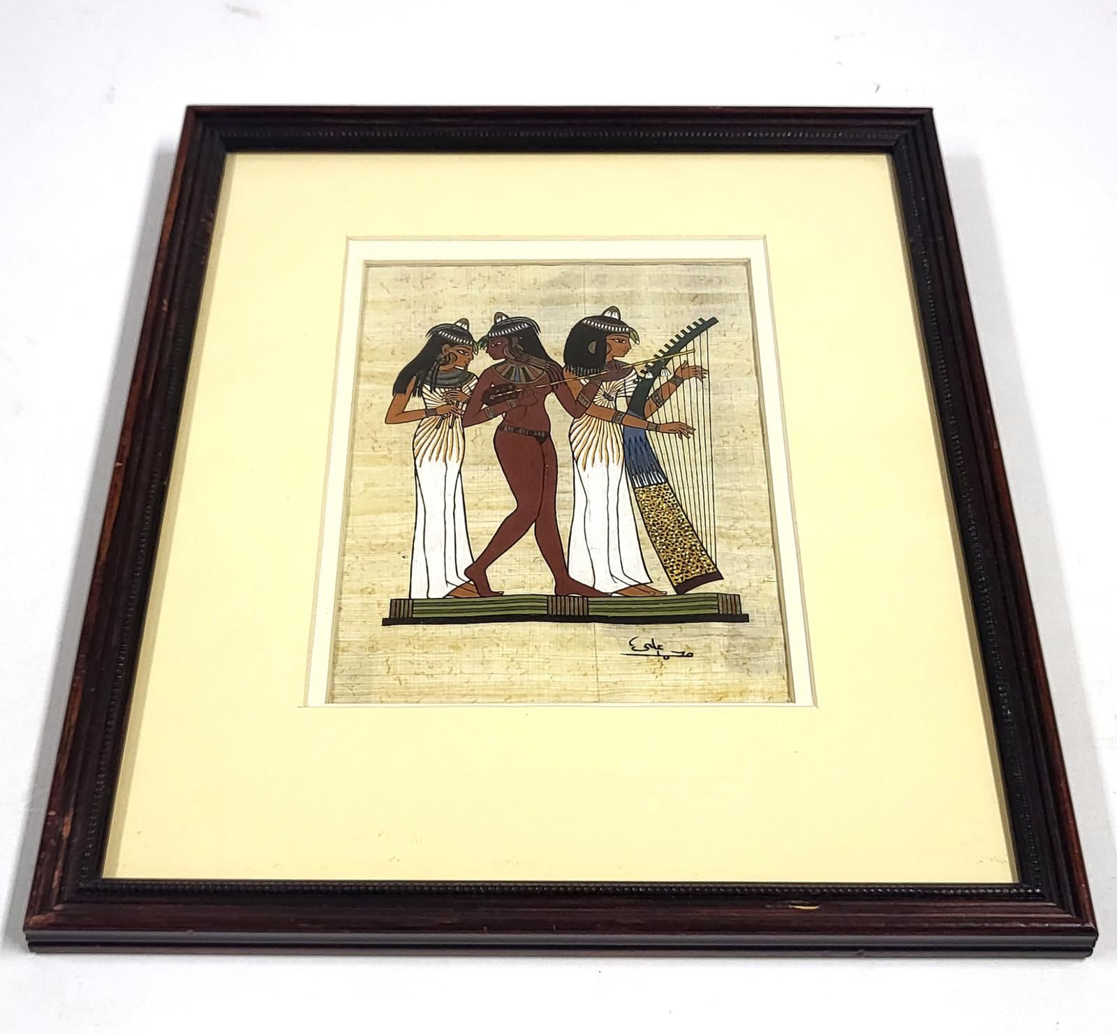 エジプト購入 パピルスアート 額付き 壁画風 インテリアパピルス画 額付き ヴィンテージ額入りエジプトパピルス絵画 - ミュージシャンのサイン