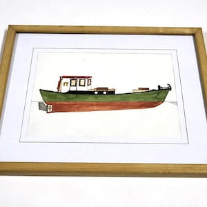 Framed Watercolor Barge Painting – 10.6x8.7 Inch – Nautical Red Green Boat – Unsigned Vintage Art