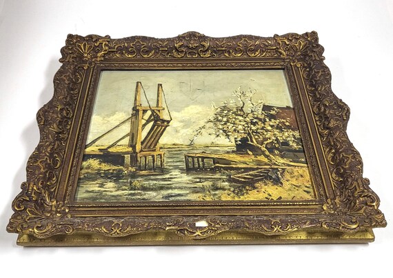 アンティーク印象派の橋 ヨーロッパの風景画 油絵 22インチ 額入り