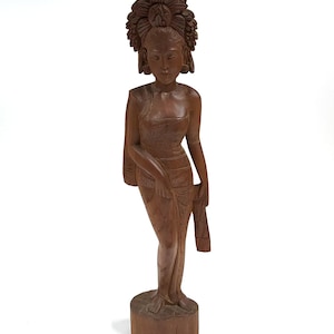 Vintage Balinese Woman Wood Carving – 24&quot; Hand Carved Statue – Tribal Decor