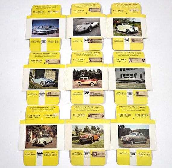 speed cigarette 9x Vintage Car Cigarette Cards – Full Speed Virginia Series – 1950s 1960s  Dutch Tobacco Collectibles – Fold-out Auto Specs Cards Lot