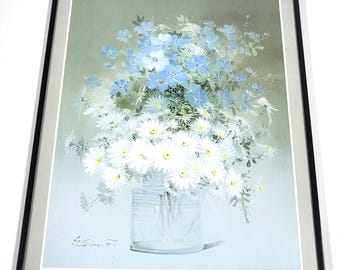 Vintage blommönster 50 cm inramade signerade prästkragar i vaspastellfärger