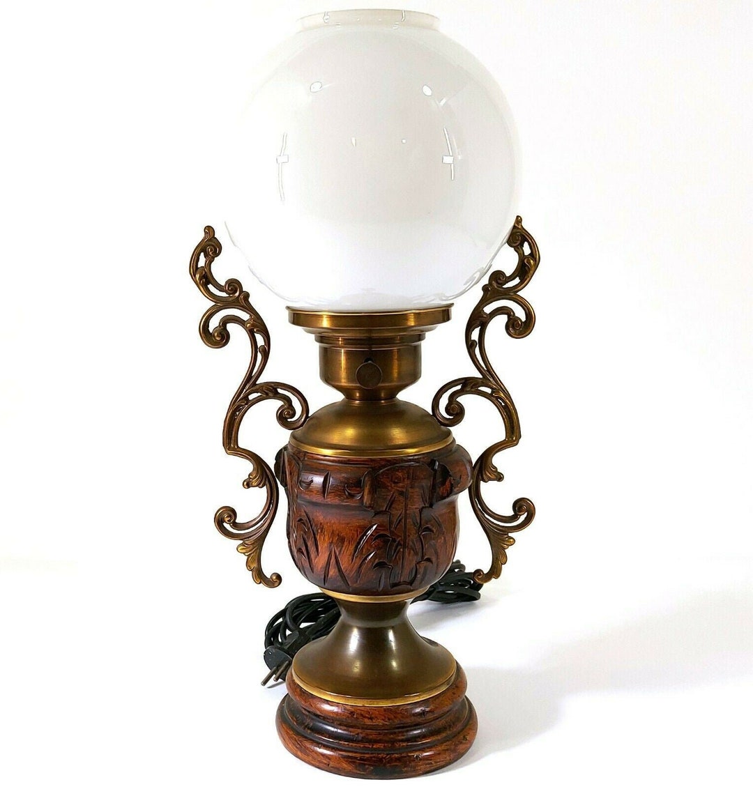 Antique Kerosine Oil Tabel Lamp Brass Carved Wood Etsy