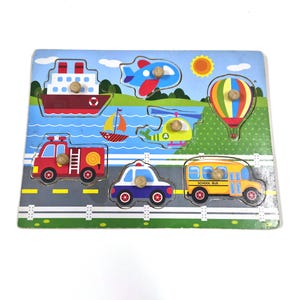 Vintage Wooden Transport Knob Puzzle – Montessori Learning Toy – 11.8"