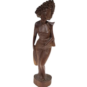 Vintage Balinese Woman Wood Carving – 24&quot; Hand Carved Statue – Tribal Decor