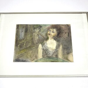 Retrato original vintage en técnica mixta firmado por Bilge: figuras sentadas, 50 cm