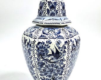 Vintage Delft Blue Hand Painted Ginger Jar with Lid – Holland 1958 – 20.5"