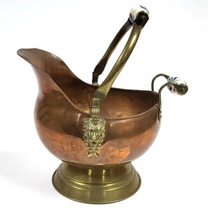 Vintage Copper & Brass Coal Scuttle Bucket – Helmet Shape – Lion Head – Blue Delft Handles – 15&quot;
