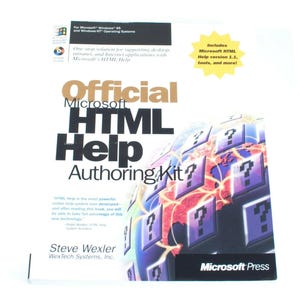 Op de afbeelding: Een boek getiteld "Official Microsoft HTML Help Authoring Kit" met een wereldbolafbeelding en vraagtekens. Het boek bevat Microsoft HTML Help versie 1.1 tools. De omslag is wit met zwarte, bruine en blauwe tekst.