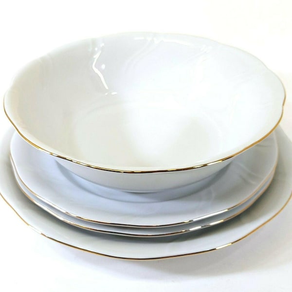 Vintage Porcelain 4pc Bowl & Plates Porcelain Gold Rim Korona Poland