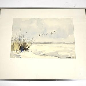 Abb van ’t Hoff Signed Watercolor – Dutch Landscape with Birds – Framed – 20"