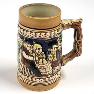 Vintage German Beer Stein – 5.5 Inch Ceramic Tankard – Relief Tavern Scene – Mid-Century Style