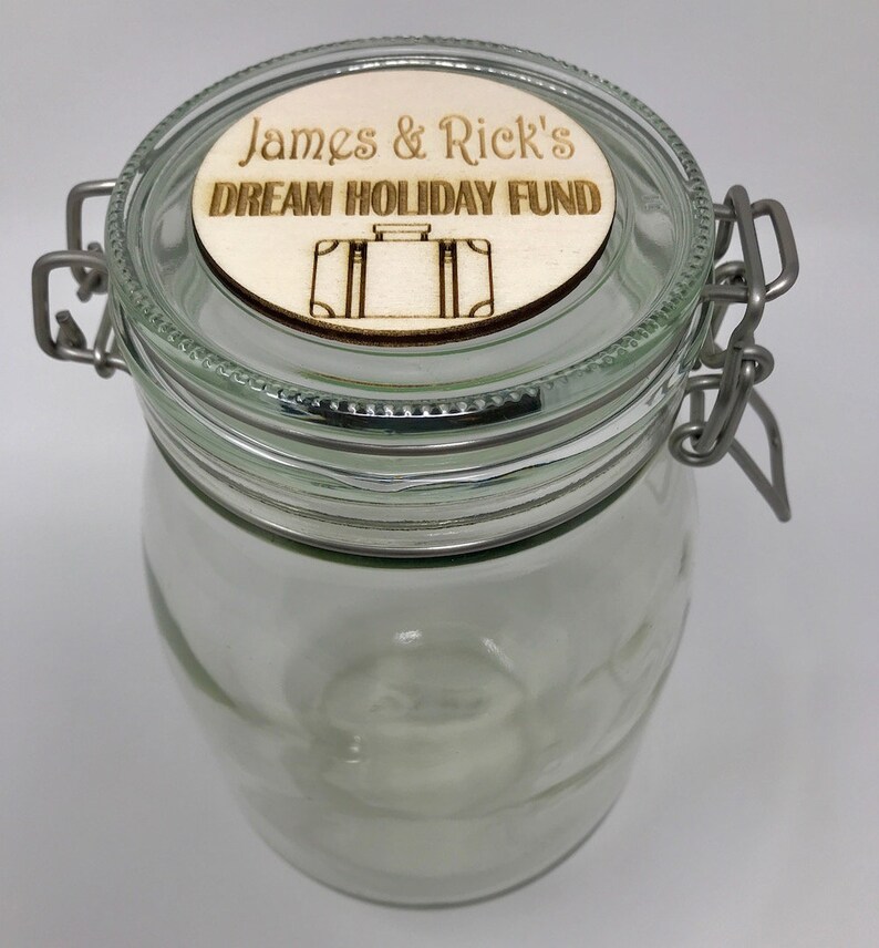 Personalised Holiday Fund Glass Money Jar Gift Personalised Holiday Fund Glass Money Jar Gift
