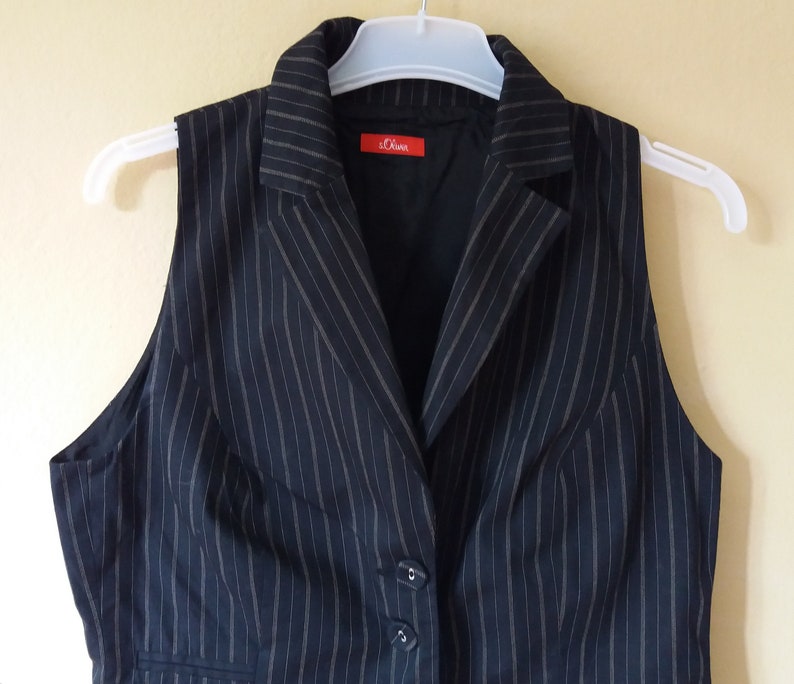 Vintage 90s Black with Beige Tiny Stripes Lined Vest Size DE 40 Waistcoat