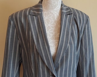 Vintage 90s Striped Blazer,Gray White Dark Blue Stripes Print Blazer,Lined Size US M Blazer