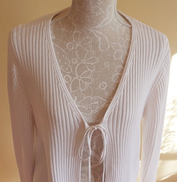 Vintage 90s White Ribbed Cardigan,Ribbon Chest Mid