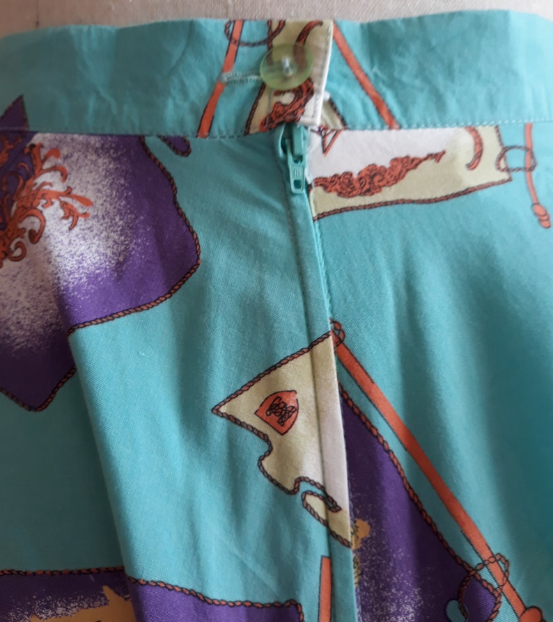 Vintage 90s Sewn Turquoise with Colorful Print Full Circle Skirt,Mast with Flags Print Viscose Size DE 40 Skirt