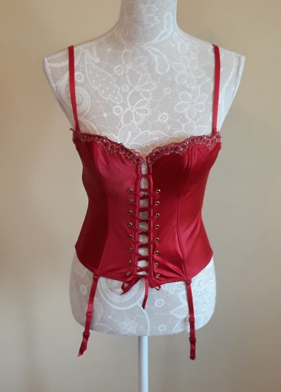 Vintage Corset With Garter Belts,red With Silver Thread and Like