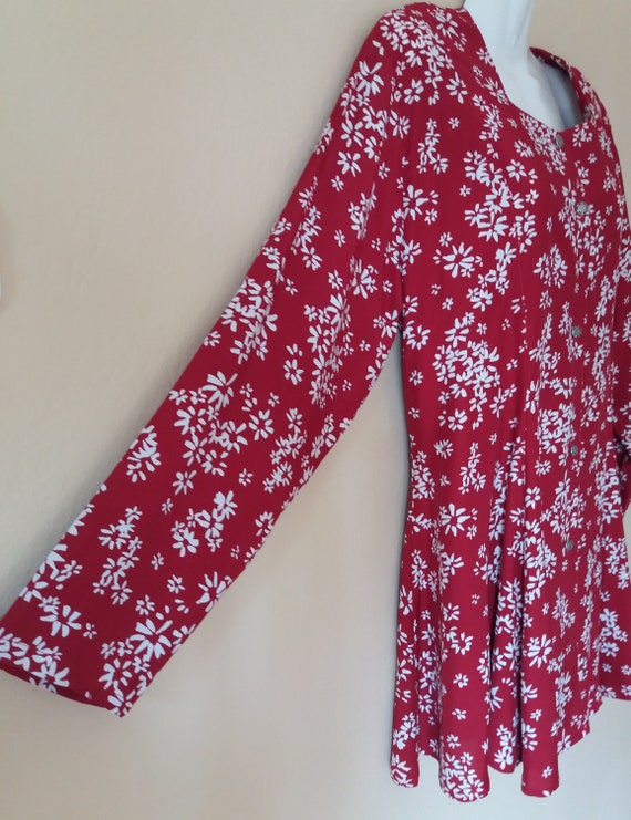 Vintage 90s Dark Red White Floral Print White Rib… - image 4