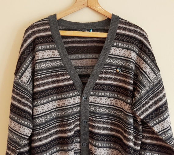Vintage 80s Men's Knitted Cardigan,Gray Brown Tone