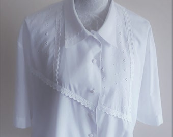 Vintage 80s White Embroidered Blouse,Embroidered Collar Short Sleeve Oversize Blouse