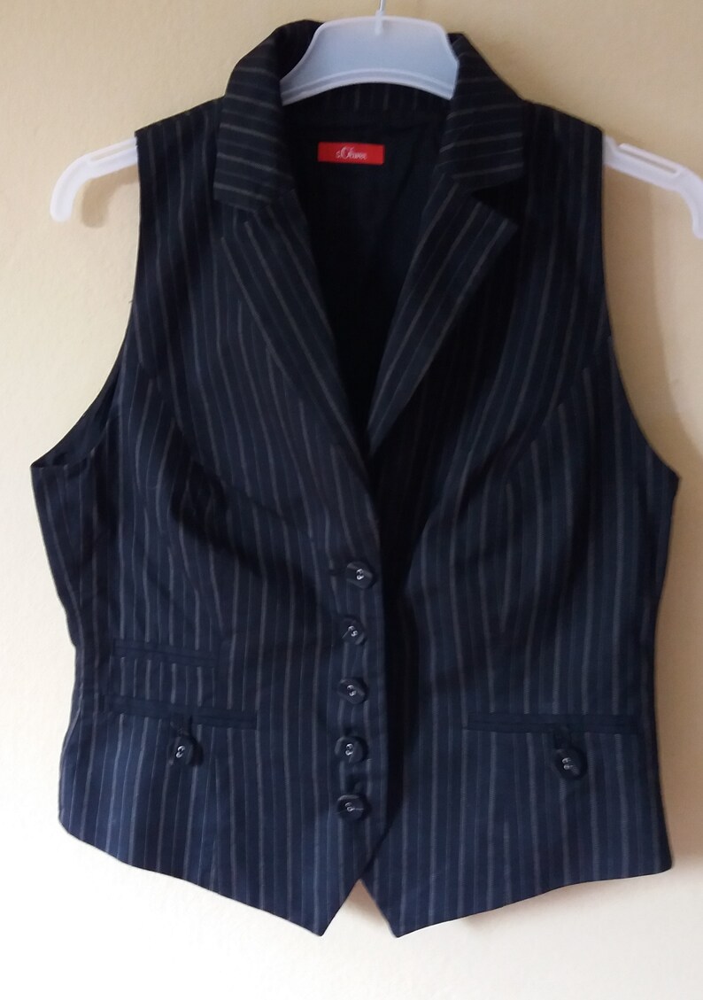 Vintage 90s Black with Beige Tiny Stripes Lined Vest Size DE 40 Waistcoat