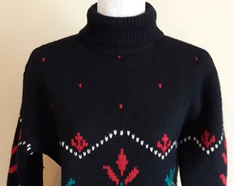 Vintage 80s Hand Knit Wool Thick Black Turtleneck Sweater,Ethno Colorful Pattern Size US L/XL Sweater Pullover