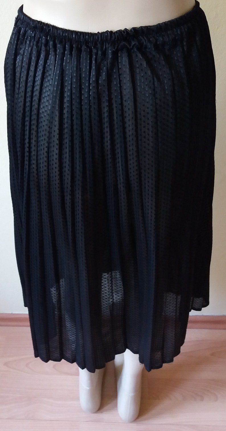 Vintage 80s Sewn Pleated Skirt,Black Transparent Shiny Dots Fabric Skirt,Elastic Waist Midi Length Size LXL Skirt