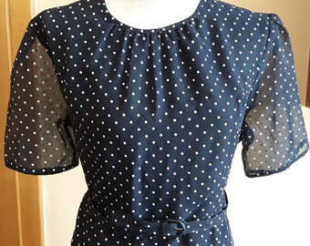 Vintage 80s Dark Blue White Dots Print Dress,Matching Belt Short Sleeves Midi Length Size DE 42 or US M Dress