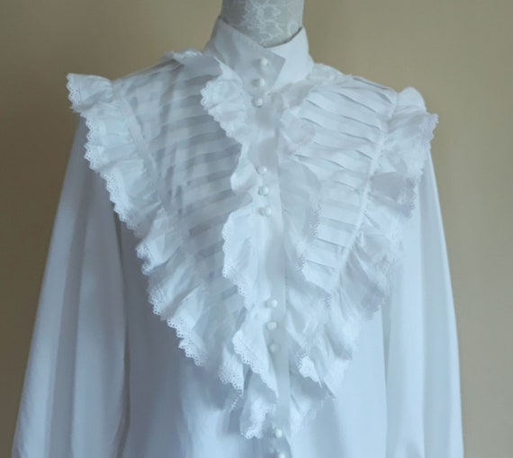 Vintage 70s Victorian Style Blouse White Embroider