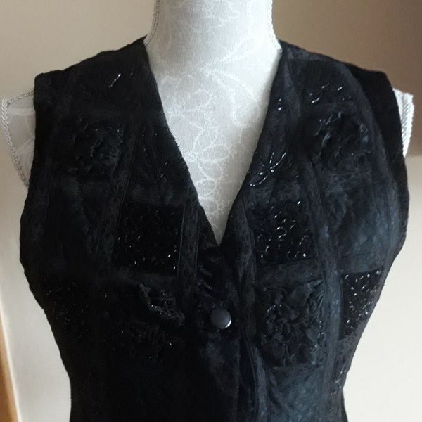 Vintage 90s René Derhy Vest,Black Patchwork Velvet Satin Vest,Satin Back Vest,Black Beads Decoration Vest,Women's Bohemian Size US S Vest