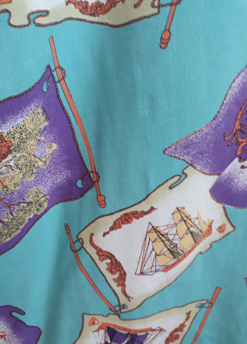 Vintage 90s Sewn Turquoise with Colorful Print Full Circle Skirt,Mast with Flags Print Viscose Size DE 40 Skirt