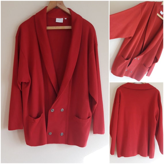Vintage 80s Oversize Knit Cardigan,Red Double Bre… - image 2