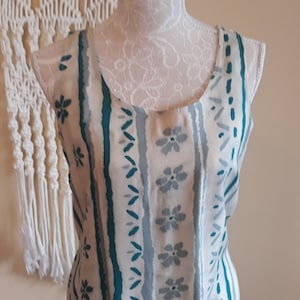 Vintage 90s Sleeveless Dress,Cream with Gray Green Floral Stripes Print,Ribbon Waist from Behind Size US S Summer Dress
