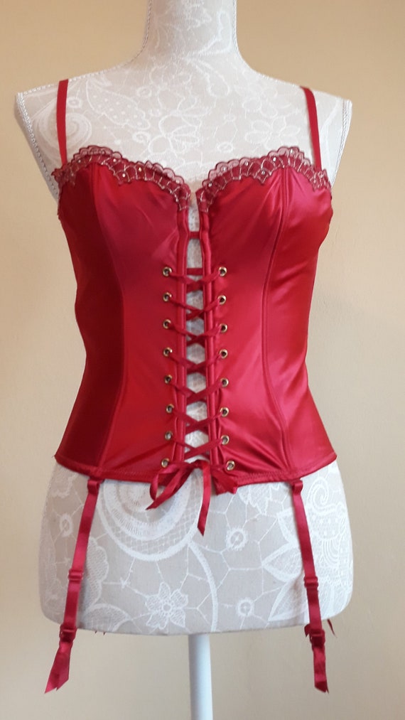 Vintage Corset with Garter Belts,Red with Silver … - image 2
