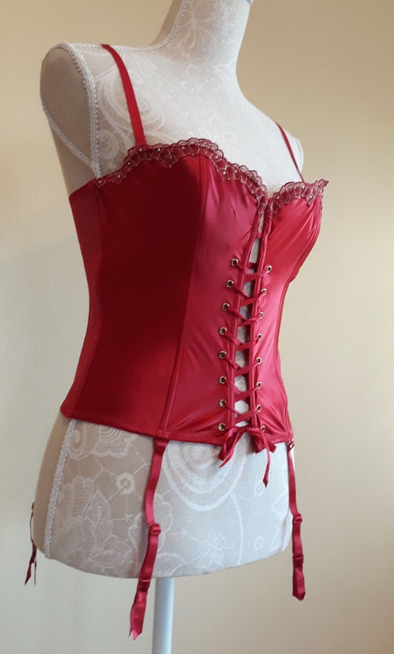 Vintage Corset with Garter Belts,Red with Silver … - image 3