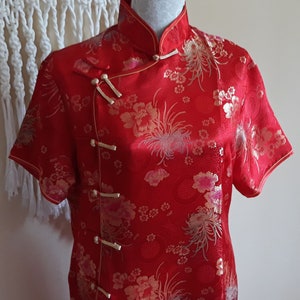 Vintage 80s Red Chinesse Long Dress Gold Flowers Print Slits on Sides Short Sleeve Chinese Cheongsam Size DE 44 or US M Dress