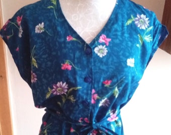 Vintage 80s Blue with Colorful Floral Print Dress,Buttons to Hips Ribbon Waist Dress,Midi Length Summer Size US L Cotton Dress